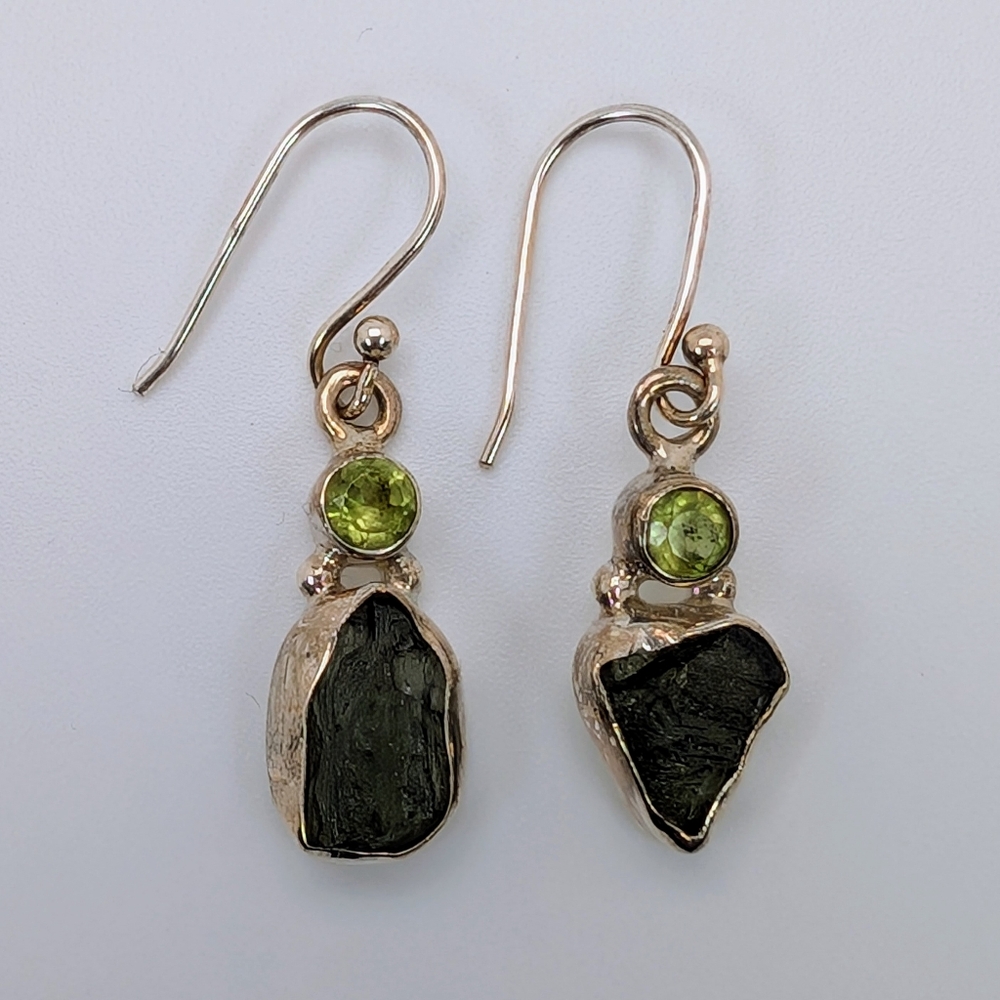 Natural Moldavite & Peridot S925 Sterling Silver Dangle Earrings